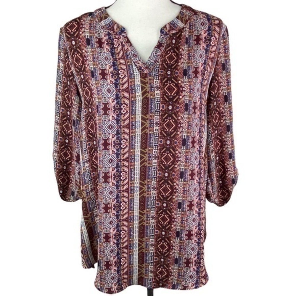 Sami & Jo Blouse Top Three Quarter Sleeve Print Hi Lo Tunic Blouse